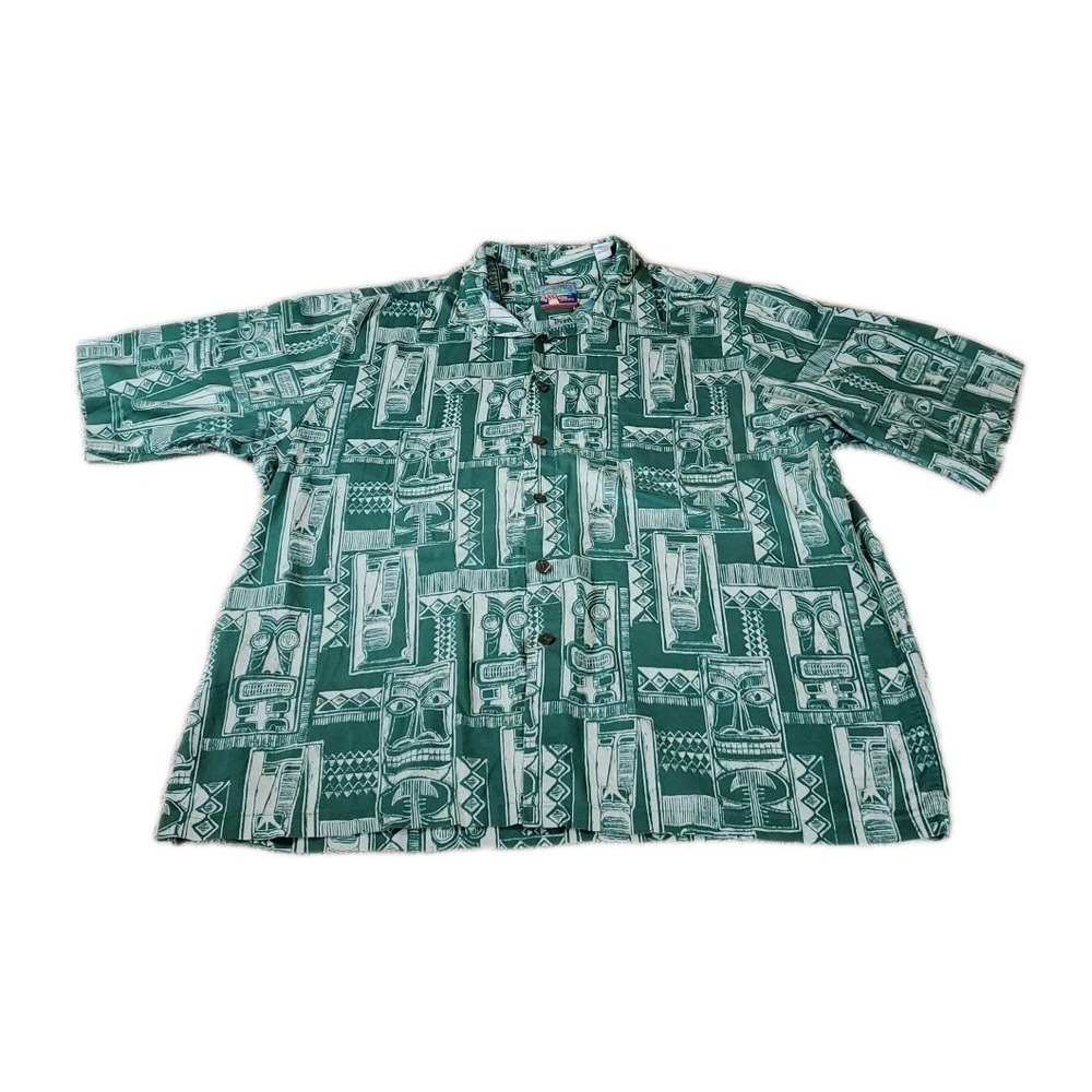 Joe Kealoha Reyn Spooner hawaiian shirt Men's Sz XL Green & White 100% Cotton